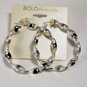 Silver Tone Polished & Textured design Big Twisted Hoop Earrings - Stylish Women